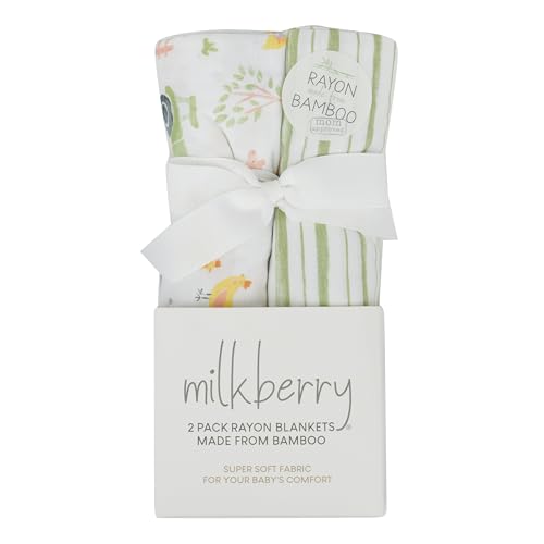 Image of Milkberry 2 Pack Luxury Rayon of Bamboo Muslin Swaddle Blanket for Baby Boy Farm Animal Green Striped