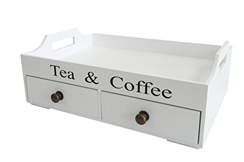 Tablett Holztablett weiß Schubladen Tea and Coffee Holz Griff Küchentablett Holz Frühstückstablett