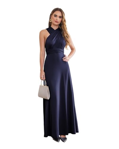 UJEDFHV Brautjungfernkleider Sexy Brautjungfernkleid im wandelbaren Neckholder-V-Ausschnitt, ärmellos, Multiway-Wickelkleid(Deep Blue,16)