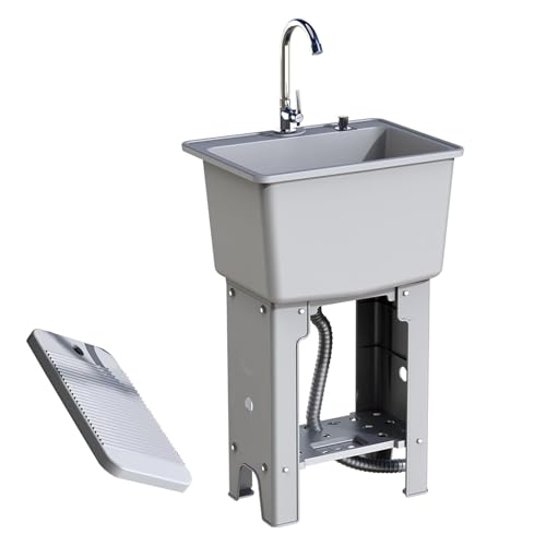 Fregadero de Lavandería de Plástico con Tabla de Lavar y Kit de Desagüe, Lavadero Pila Exterior con Botón de Desagüe de un Solo Toque y Grifo(Gray,40 * 36 * 76)