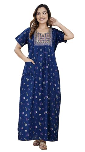 Image of DIAMO Pure Cotton Embroidery Nighty for Women, Cotton Night Gown, Night Maxi Gown, Cotton Nighty with a Pocket and Adjustable Knot