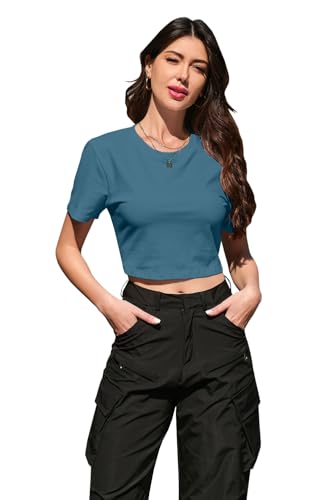 Image of Betusline Girls & Women Basic Summer Short Sleeve Slim Fit T-Shirts Soft Crewneck Crop Y2k Tee Cute Gym Fashion Clothes