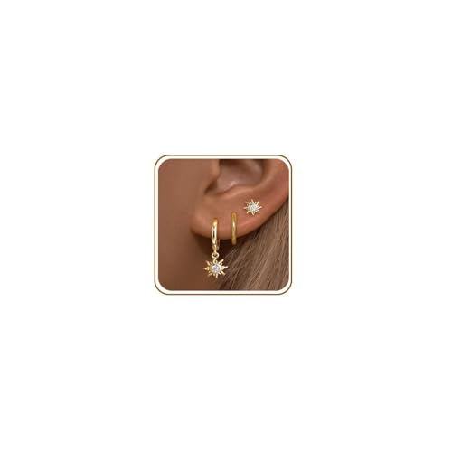 Eathareel 3 Pairs Gold Sun Hoop Earrings Set for Women, 14K Gold Plated Celestial Sun Huggie Hoops...