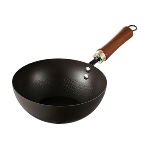 MagiDeal Nonstick Wok Chinese Wok Wood Handle Multipurpose Gas Stir Fry Pan Flat Bottom Wok for Camping Kitchen Hotel Restaurant Home, 22CM