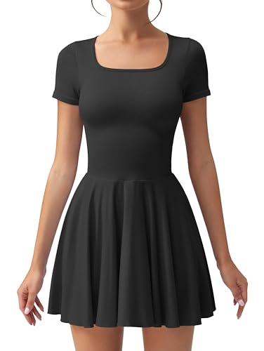 OQQ Women's Square Neck Ruffle Hem Mini Dress Summer Short Sleeve with Shorts Party Dresses