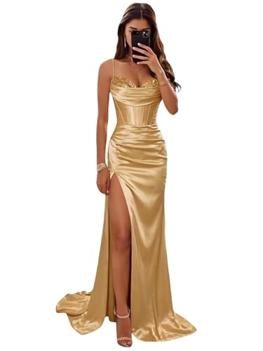 TXDBB Sequin Satin Prom Dresses for Teens with Slit Tight Mermaid Long Formal Gold Cocktail Dress for Women Size 10