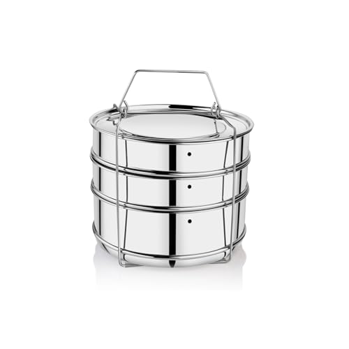 Image of Embassy Stainless Steel Cooker Separator | Suitable for 10 litres Pigeon Outer Lid Pressure Cookers | 3 Containers with Lifter | Dimension - 15x15x21 cm