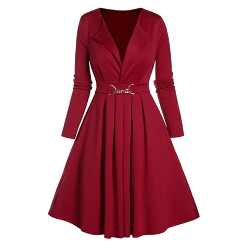 Women's Collar Button Design Red Dress Standing Collar Pleated A-Line Mini  High Waisted Dress Deep Red S at Amazon Women's Clothing store