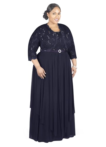 R&M Richards Womens Sequin Lace Long Jacket Dress - Mother of The Bride Dress (Navy, 10)