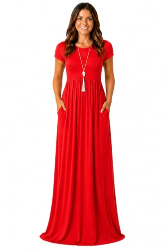 Image of AUOMITH Women's 2026 Summer Short Sleeve Empire High Waist Long Maxi Dress with Pockets