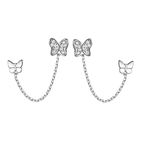 Reffeer 925 Sterling Silver Double Holes CZ Butterfly Chain Stud Earrings Two Butterfly Cuff Climber Earrings for Women Teen, Metal, Cubic Zirconia Cover