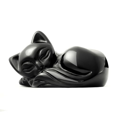 Artistone 2" Sleeping Cat Statue Black Obsidian Healing Crystals Hand