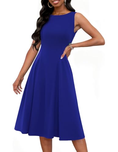 FANDEE Damen Ärmelloses Cocktailkleid Vintage A Linie Fit und Flare Elegante Midikleider für Frauen mit Taschen, Blau, Groß