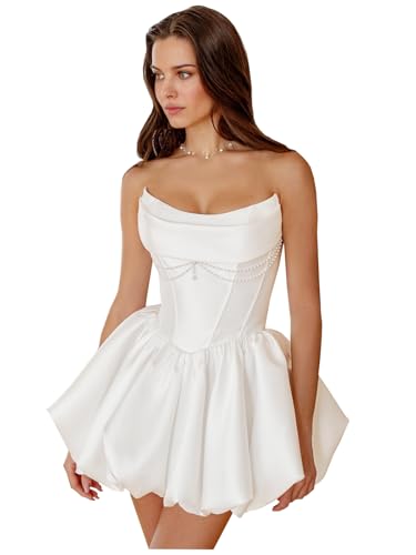 SZJMS Short Satin Wedding Dresses for Bride A Line Puffy Pearl Bridal Gowns Simple Engagement...