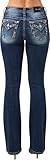 Miss Me Women's Mid-Rise Bandana Border Embellished Boot Cut Jeans with Faux Flap Pockets (Dark Blue, 25W X 34L)