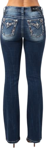 Miss Me Women's Mid-Rise Bandana Border Embellished Boot Cut Jeans with Faux Flap Pockets (Dark Blue, 25W X 34L)