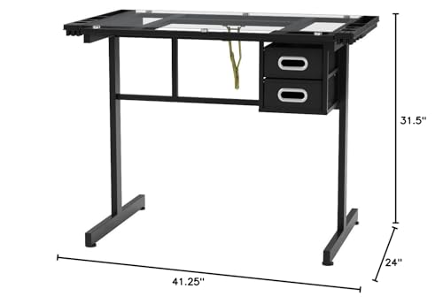 Image of OneSpace Craft Station, Art Desk, Adjustable Glass Desk with Drawers and Supply Trays, Black