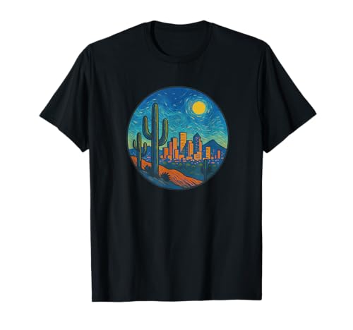 Phoenix Arizona Cactus Skyline Van Gogh Starry Night Style T-Shirt