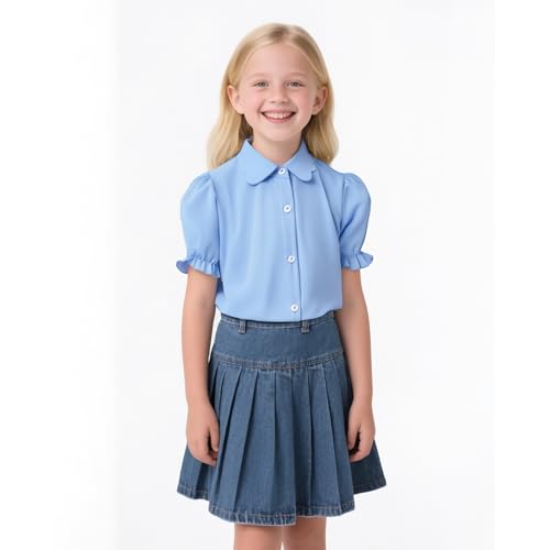 Girls Button Down Shirt Puff Sleeves Blouse Summer Cute Top Doll Collar School Uniform, 4-13Y3