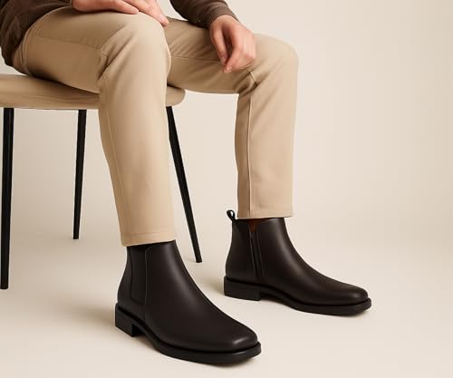 Image of Kraasa THE Ashford - Men's Stylish Vegan Leather Chelsea Boots with Side Zipper & Elastic Panel, Square Toe Ankle Boot (Tan /Black /Brown)