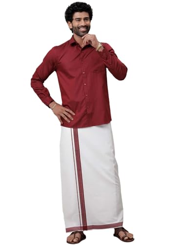 Image of RAMRAJ COTTON Men Full Sleeve Solid Shirt With Matching Border Dhoti|Ideal For Weddings And Occasion