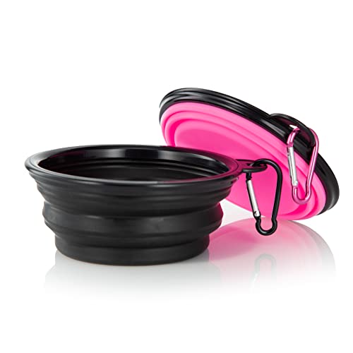Image of SLSON Plastic Dog Bowl Pet Collapsible Bowls,2 Pack ,Portable Pet Feeding Watering Dish For Walking Parking Traveling With 2 Carabiners (Small,Black & Pink) 12.7 Cm,9 Cm,5.5 Cm