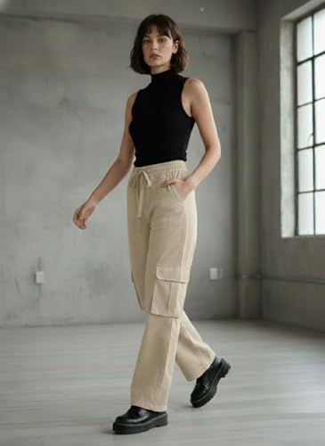 Image of SMOWKLY Women's Casual Cargo Pant| Baggy Fit Multi Pocket Streetwear Pants | High Waist Cargo Trousers | Stretchable Cotton Blend Utility Pants for Women |Office & Casual Wear