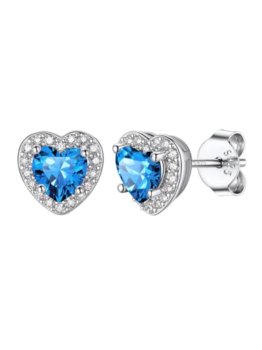 Silvora Silver Stud Earrings For Women, Heart Studs Hypoallergenic Sterling Silver Post Brilliant Sparkly Earrings Blue Topaz December Birthstone Jewellery Gift for Ladies Mum Girls