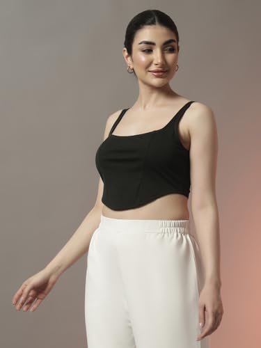 Image of Trend Arrest.ed Women's Stretchable Corset Style Crop Top | Square Neck Sleeveless Zipper Back Body-Hugging Fit | Casual