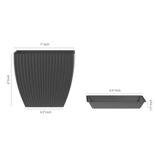 Image of ELUVIA 7-inch Square Planters with Saucers (Set of 5) - Modern Fluted Flower Pots with Drainage Holes and Trays - Premium Plastic Indoor Outdoor Plant Pots for Succulents, Flowers (Grey)