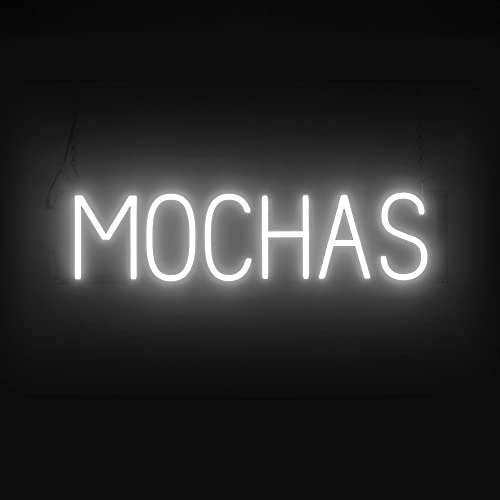 Image of SpellBrite LED Neon MOCHAS Sign for Business - White, 26 inch x 6 inch | Ultra-Bright Click-Together Signage for Cafes, with Visibility from 500 Feet - 8 Animations, 6 Brightness Settings