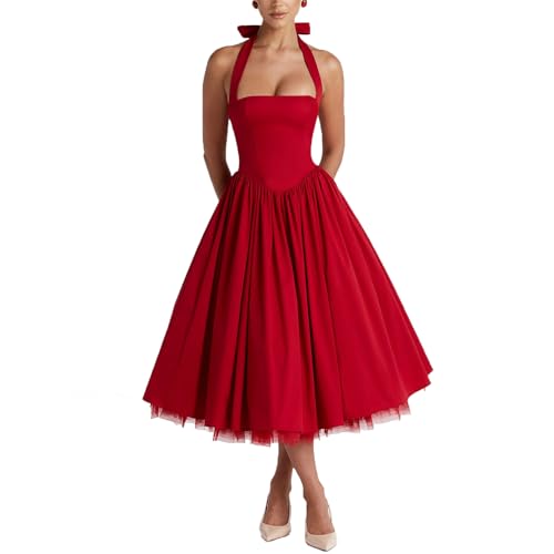 Image of Women Summer Halter Dress Low Cut Sleeveless A Line Tulle Swing Flowy Tea Length Dress Corset Prom Formal Ball Gowns