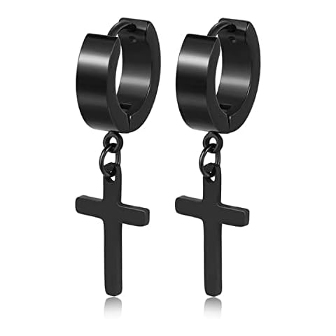 Stainless Steel Cross Earrings Set for Men Women Dangle Hinged Men Women Earrings Silver Gold Black (1 Pari Black) Cover