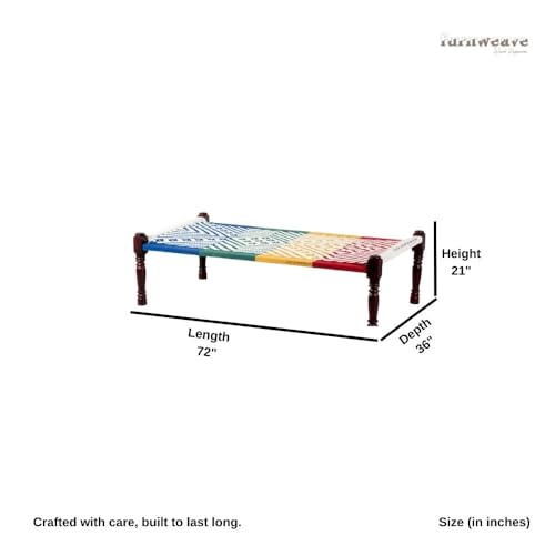 Image of Solid Sheesham Wood Charpai Khat | Handcrafted Daybed Khatiya Charpai with Cotton Rope | Traditional Khat Bed Wooden Diwan Cot for Living Room | 6X3 Feet | Colorful 0010 (White-Multi)