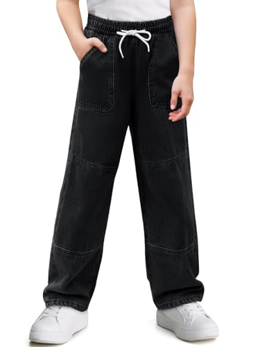 Haloumoning Boys Straight Leg Baggy Jeans Kids Elastic Waist Drawstring Wide Leg Denim Pants with Pockets 5-14 Years
