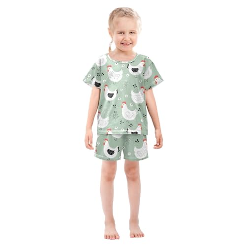 Pajama Short Sets Chicken Pattern with Flowers Soft Cotton Summer Sleepwear 2 Piece PJS Size 5-14T4