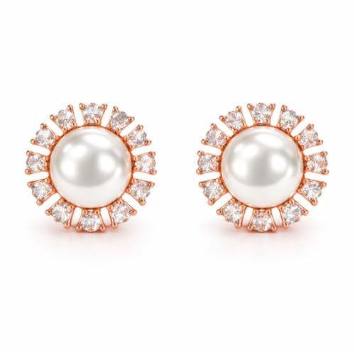 Image of Nilu's Collection Rose Gold Plated Triangular Design Pearl Stud Earrings With American Diamond for Women And Girls | Gift For Her | Anti- Allergy |Anti-Tarnish | Office Wear