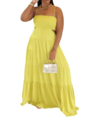 Image of WXN Womens Spaghetti Strap Sundress Casual Summer Long Maxi Dress Smocked A Line Swing Cocktail Party Vacation Dresses