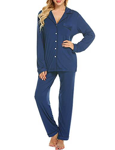 Ekouaer Sleep Set Women's Long Sleeve Pajamas Two Piece Sleepwear Cute Pjs Set (Blue,L)