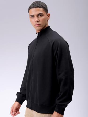 Image of The Indian Garage Co Men Relaxed Fit Solid High Neck Front Open High Neck Sweatshirt