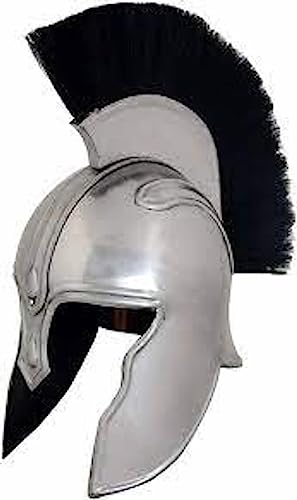 AnNafi® Achilles Troy Armor Helmet, Medieval Knight Armor Costume, Metal Replicas LARP Reenactment Men Costumes Helm Armour SCA Replica Costumes, Iron Steel Silver Helmet with Black Plume Adult