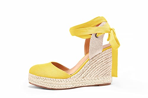 Image of Nailyhome Women's Espadrille Wedge Sandals Closed Toe Lace Up Platform Ankle Wrap Summer Casual Shoes