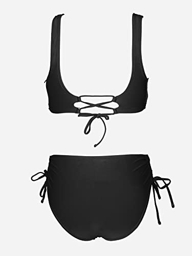 Cupshe Bikini Set For Women Bathing Suits High Waisted Twist Lace Up V Neck Drawstring Bottom, M Black #TOP5