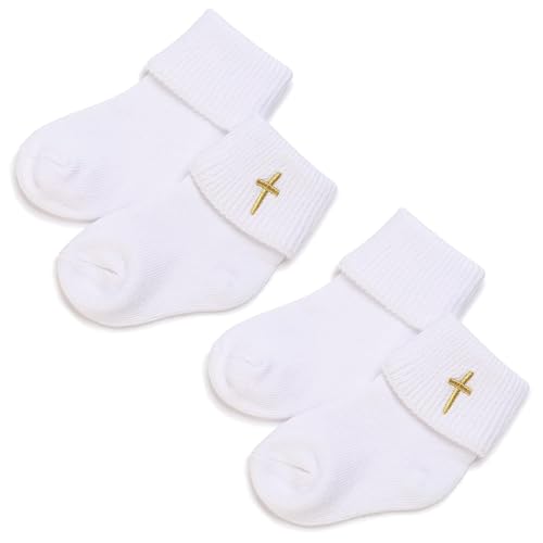YcsRnn 2 Pairs Newborn Socks, Baby Socks with Grips - Unique Baby Shower or Newborn Gift - White Turn Cuff Christening Cotton Sock With Cross Embroidery for Boys Girls (0-12 Months)