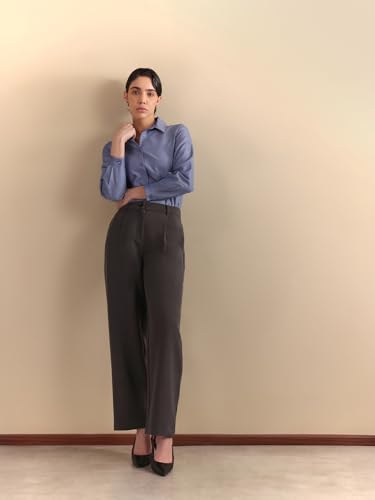 Image of FableStreet Women's Formal Trousers | High-Rise Pleated Wide-Leg Design | Solid Pattern with Plain Weave | Comfortable Office Wear for Business Meetings & Formal Events