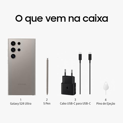 Smartphone Samsung Galaxy S24 Ultra, Galaxy AI, Selfie de 12MP, Tela de 6.8' 1-120Hz, 256GB, 12GB RAM - Titânio Cinza glide