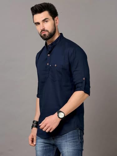 Image of DEEMOON Men's Cotton Blend Full Sleeve Short Kurta with Mandarin Collar Crafted from a Premium Cotton Blend