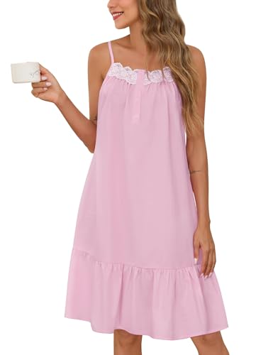 Image of SWOMOG 100% Cotton Nightgowns for Women Lace Sleeveless Sleep Dress Victorian Sleepshirt Button Strap Night Gown