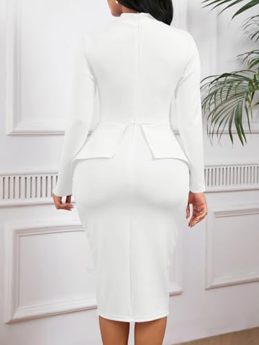 Image of WanMem Women Formal Bodycon Peplum Cocktail Dress Short Sleeve Bow Ruffle Pencil Party Midi Dresses