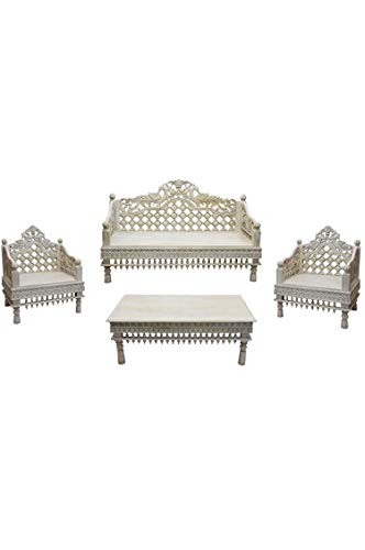 4er SET Orientalische Lounge Sitzecke aus Holz Imad weiß | Marokkanische Sitz-Gruppe Sofa 2 Sitzer Zwei Sessel und ein… – Bild 3